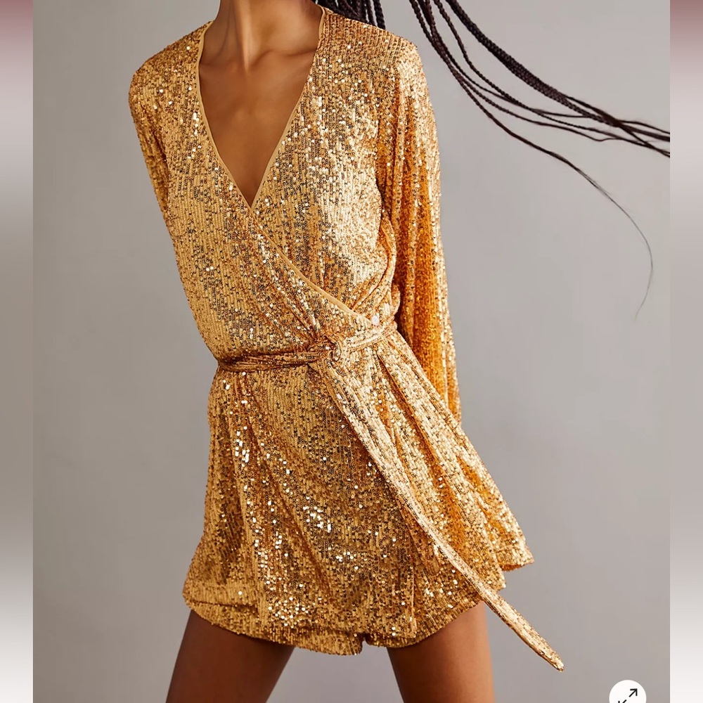 Free People Christa Sequin Long Sleeve Romper
